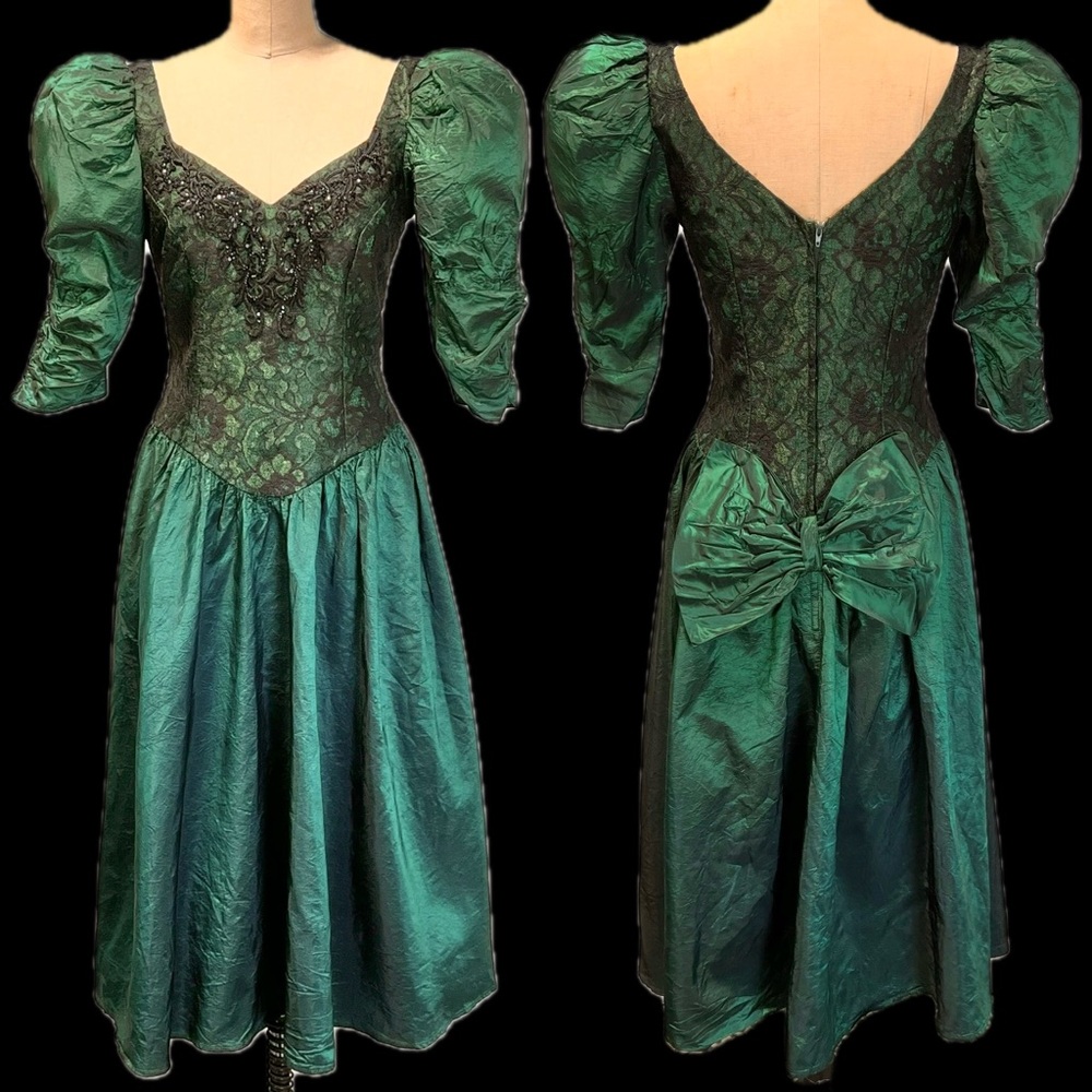 VINTAGE 80s holographic prom gown formal dress dark moody emerald forest lace‎